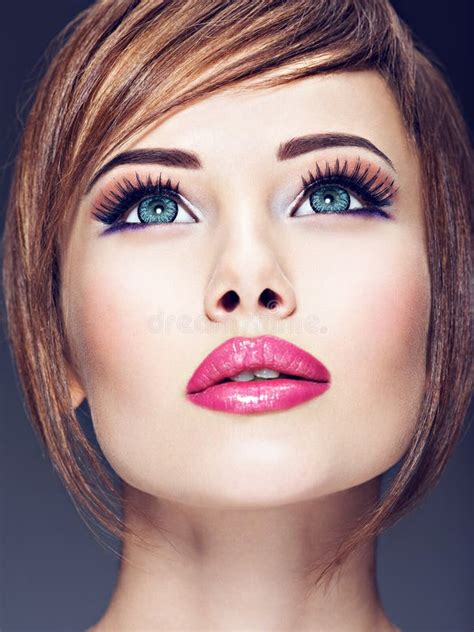 Attractive Young Woman With Beautiful Big Blue Eyes Stock Image Image Of Eyelash Bangs 157096131
