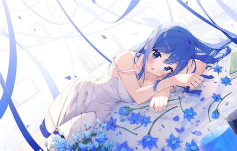 Blue Hair Long Hair Blue Eyes In Bed Anime Girls Flowers Dress Sun Dress Artwork