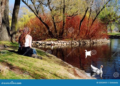 Girl At Duck Pond Stock Image Image Of Girl Woman Colorful 53526931