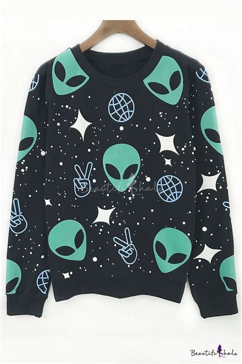 Fashion Alien Print Long Sleeve Round Neck Oversize Sweatshirt Kawaii