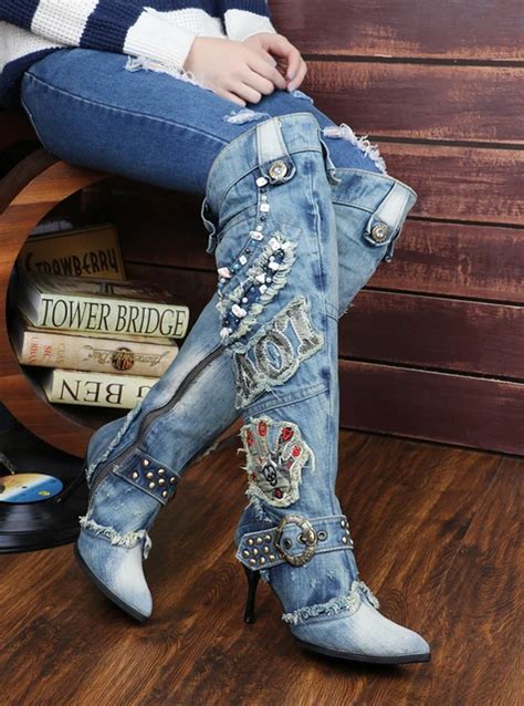 2017 Autumn Winter Fashion Blue Denim Thigh High Boots Colorful Beads Patch Design Pattern High