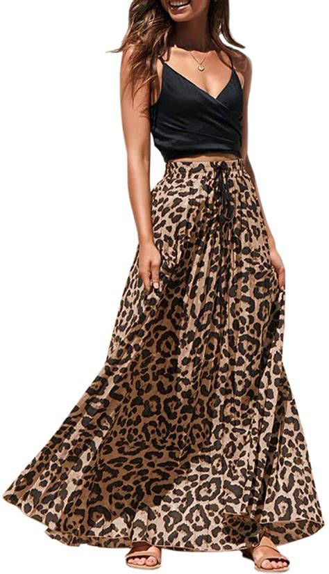 Womens Maxi Skirt Leopard Print Chiffon Beach Pleated High