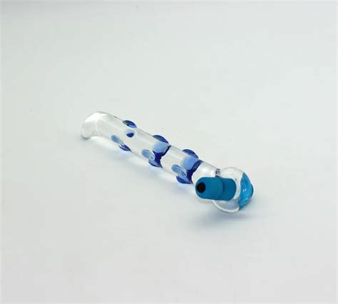 L18cm Female Blue Dot Crystal Glass Penis Dildo Vibrating Anal Plug Sex Heating Bar With Jump