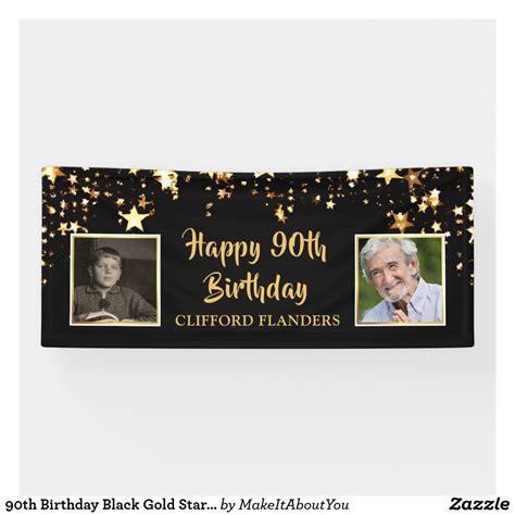 90th Birthday Black Gold Stars Photos Personalized Banner | Zazzle.com ...