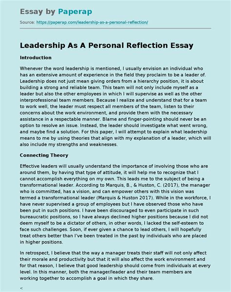 Leadership As A Personal Reflection Free Essay Example