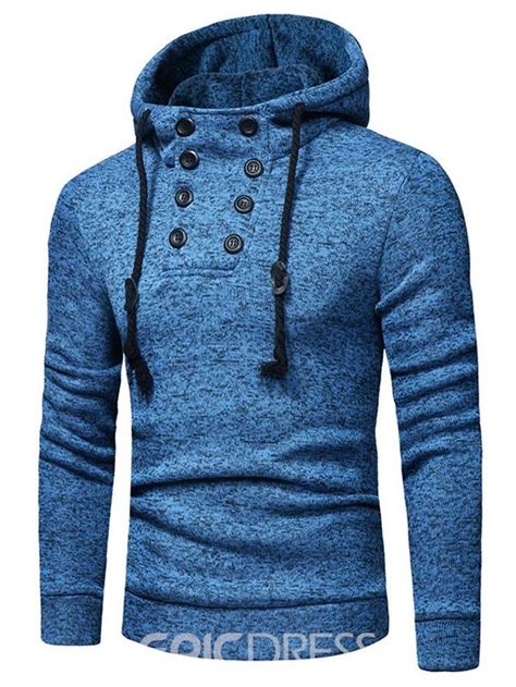 Ericdress Plain Lace Up Button Mens Pullover Casual Hoodies Hoodies