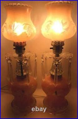 Vtg Victorian Pink Frosted Glass Hurricane Boudoir Lamps Glass Prisms Crystals Vintage Table