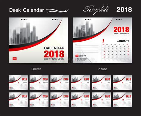 Desk Calendar 2018 Template Design Red Cover Set Of 12 Months