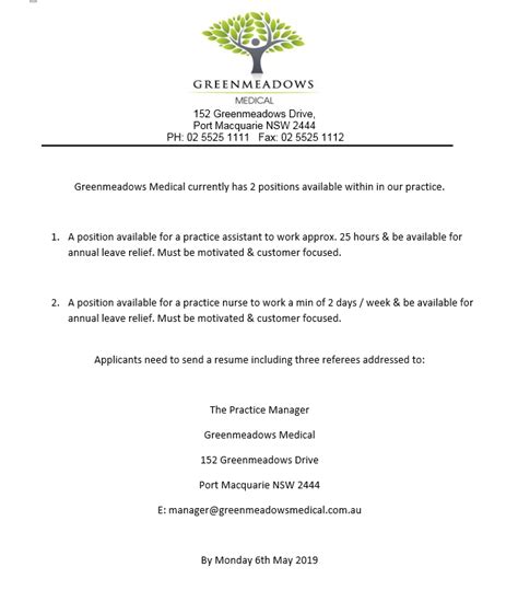 Positions Available Greenmeadows Medical Centre Port Macquarie