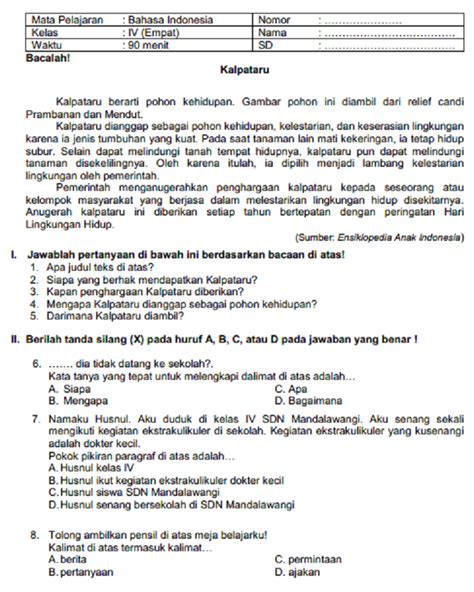 Soal Dan Jawaban Soal Pas Bahasa Indonesia Kelas Semester Gasal
