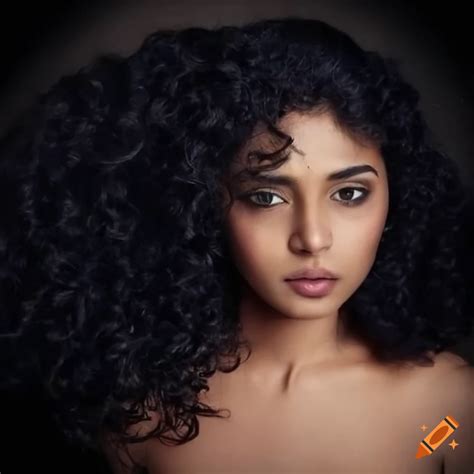 portrait of a north indian woman with big eyes and curly black hair on craiyon