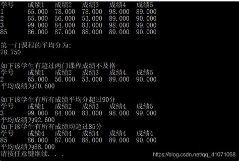 C语言指针方法处理有一个班4个学生5门课程1求第一门课程的平均分 2找出有两门以上课程不及格的学生输出他们的学号和全部课程成绩及