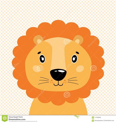 Cute Vector Lion Head Front View In The Background Of Polka Dots