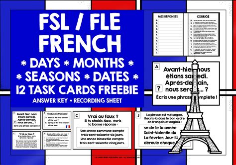 French Dates Days Months Seasons Task Cards Freebie Teaching Resources