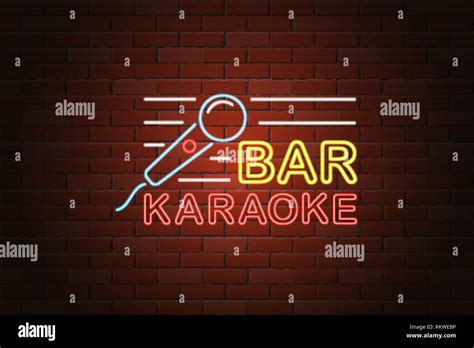 Glowing Neon Signboard Karaoke Bar Vector Illustration On Brick Wall Background Stock Vector