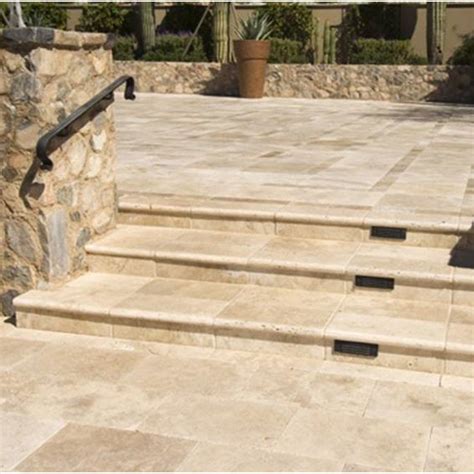 Light Travertine Outdoor Pavers Grouted In A Garden Travertine Stairs