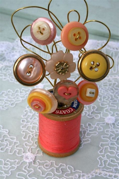 Peach Yellow And Gold Vintage Button Spool Bouquet Etsy Spool