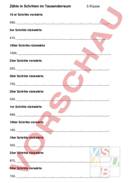 Arbeitsblatt Tausenderraum Zähle in Schritten vorwärts und rückwärts