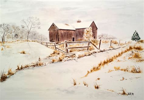 Watercolor Barn In Winter 2 Watercolors By Donnell Anderson