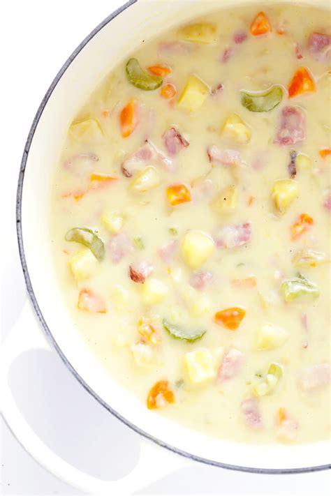 You will love this easy homemade potato soup recipe with potatoes, veggies, garlic, and a creamy broth. Creamy Ham and Potato Soup | Gimme Some Oven