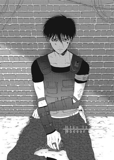 An Anime Character Sitting In Front Of A Brick Wall With His Hand On