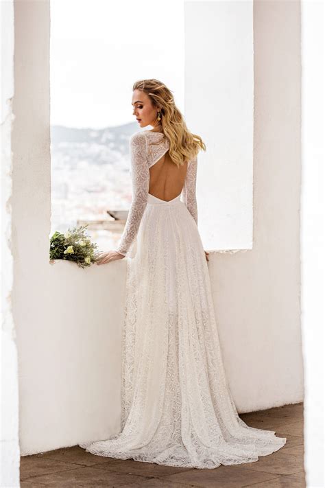 Lace Long Sleeve Wedding Dress Open Back Wedding Dress Lace Wedding