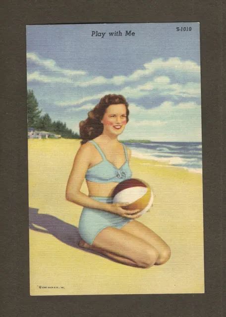 VINTAGE LINEN POSTCARD Sexy Blonde Pin Up Beach Girl Risque Bikini Play With Me PicClick UK
