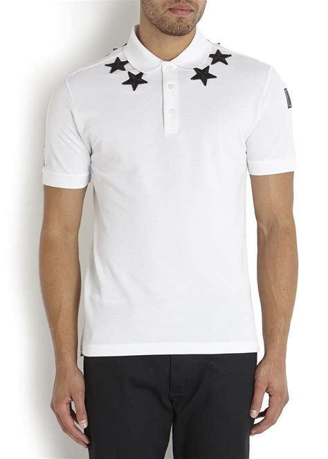 Givenchy White Piqué Cotton Polo Shirt Cuban Fit Black Star Appliqué