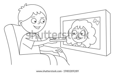 Cute Little Boy Watching Television Coloring Stock Illustration