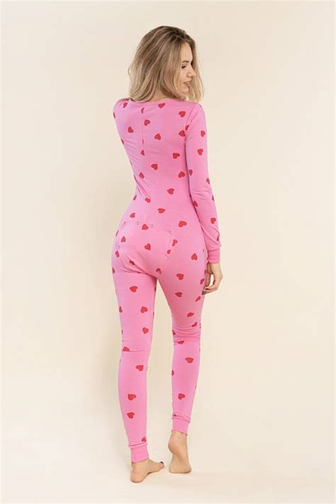 Sexy Pyjama Jumpsuit With Butt Flap Ladies Sleepsuit Onezee Pink Hearts Ebay