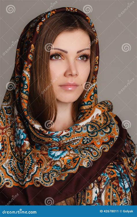 Russian National Traditional Scarf On Your Head Stock Image Image Of Attractive Model 42678011