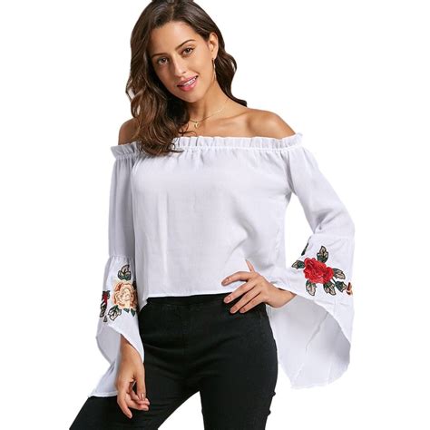 Flare Sleeve Embroidery Off Shoulder Blouse White 3c34665119 Size S