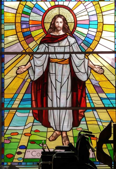 Jesus Christ Painting On Stained Glass Window In Church Stock Photo