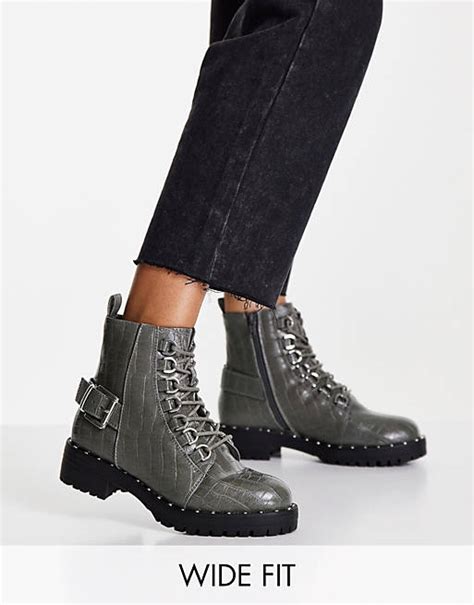asos design wide fit aura lace up hiker boots in grey croc asos