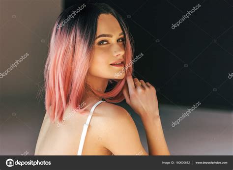 Beautiful Smiling Girl Pink Hair Posing Fashion Shoot Stock Photo By