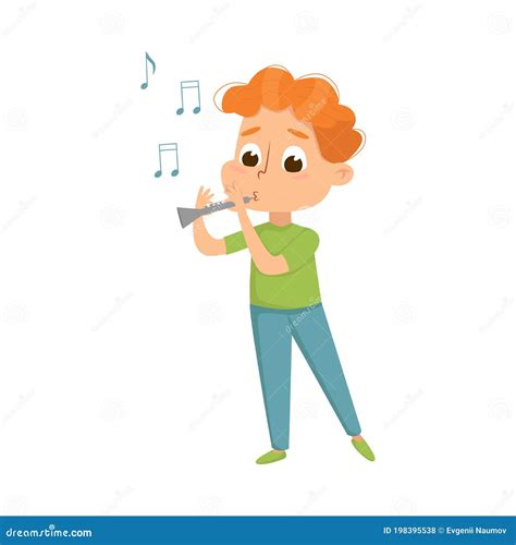 Funny Boy Standing And Playing Flute Vector Illustration Stock Vector