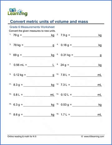 Grade 6 math worksheet - Measurement: convert metric volumes & weights ...