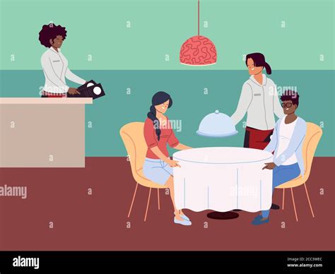 Couple Of People Sit At Table And Order Meal Vector Illustration Design