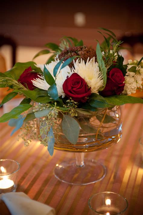 Low Centerpiece Arrangement With Red Roses White Spider Chrysanthemums