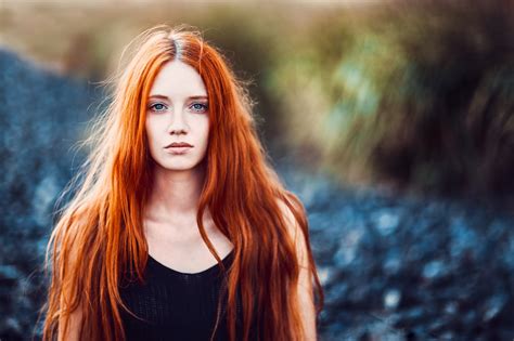 women model redhead long hair bare shoulders face portrait looking at viewer blue eyes women