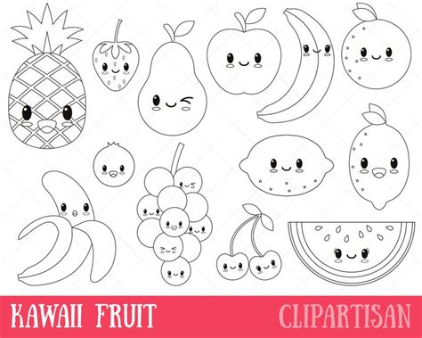 Ausmalenbilder von früchten, gemüsen, getränken usw. Kawaii fruits timbre numérique Graphiques vectoriels et | Etsy