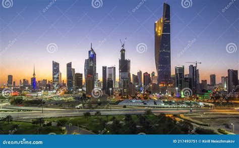 Skyline With Skyscrapers Day To Night Timelapse In Kuwait City Downtown