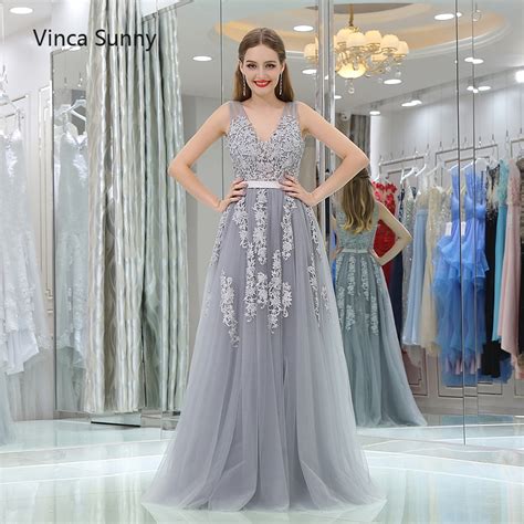 Buy Vinca Sunny Grey V Neck Long Lace Appliques Prom Dresses Tulle A Line Gray