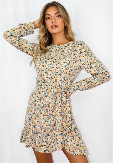 Mustard Floral Print Ruched Side Tea Dress Missguided