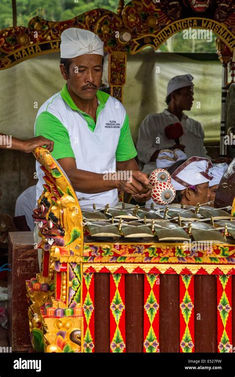 Jatiluwih Bali Indonesia Metallophone Jegogan Player In A Gamelan