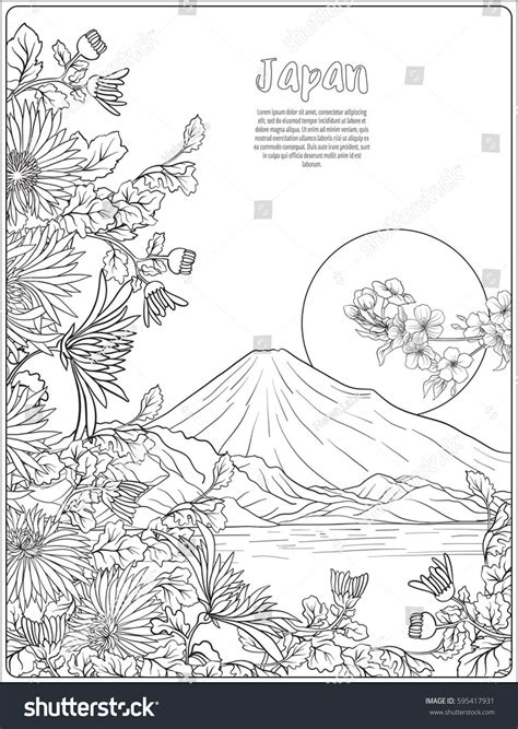 Japanese Landscape With Mount Fuji And Tradition Flowers And A Bird Outline Drawing Coloring