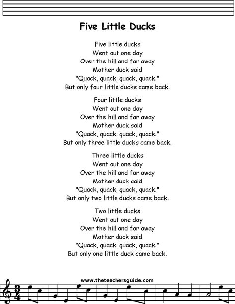 Two little ducks went out one day over the hill and far away mother duck said quack, quack, quack, quack. but only one little duck came back. five little ducks lyrics printout | Kindergarten songs ...