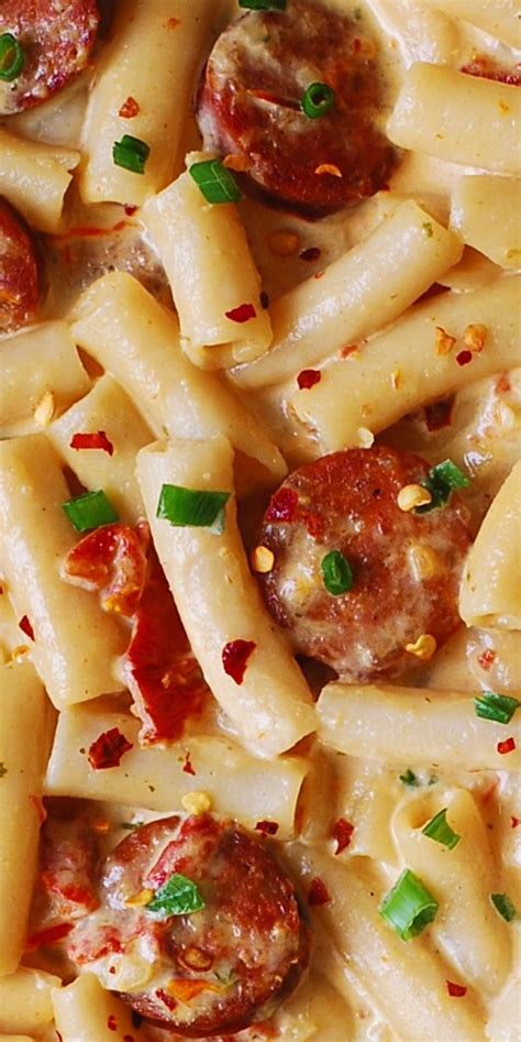 Add smoked sausages to the pan and brown lightly, 2 minutes. Creamy Mozzarella Pasta with Smoked Sausage. Easy family ...