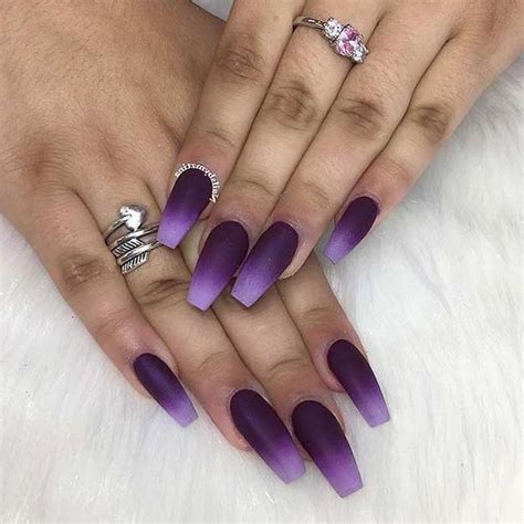 dark light purple matte ombre nail polish cool nail designs silver diamond rings white fur