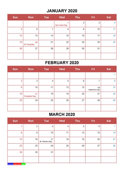 Printable January February March 2020 Calendar Template Word Pdf